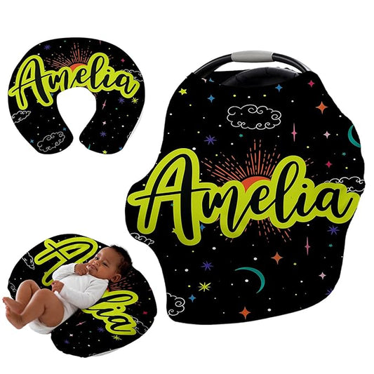 Custom Name Car Seat Canopy - Baby Car Seat Covers, Infant Stroller Cover, Bright Green Star Carseat Canopy Christmas Birthday Gifts for Girls and Boys
