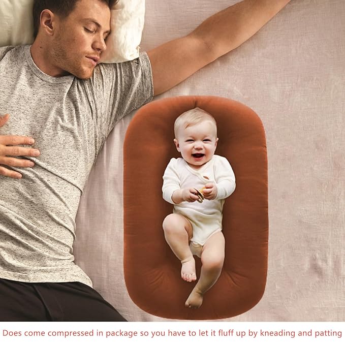 Baby Lounger, Baby Lounger for Newborn 0-24 Months, 100% Breathable Cotton Baby Nest for Tummy Time & Diaper Changes, Portable Infant Essentials for Home & Outdoor(Coffee)