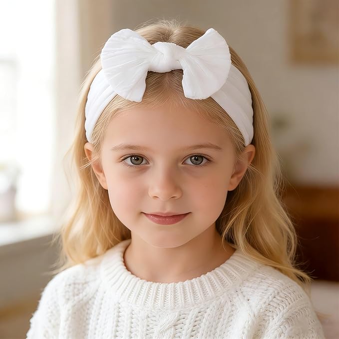 baotongle 3pcs Baby Girls Headbands Soft Stretchy Nylon Hair Bands Hair Accessories with Bows for Newborn Baby Girls Infant Toddlers Kids(White,Light Pink,Beige, 5.7inches)