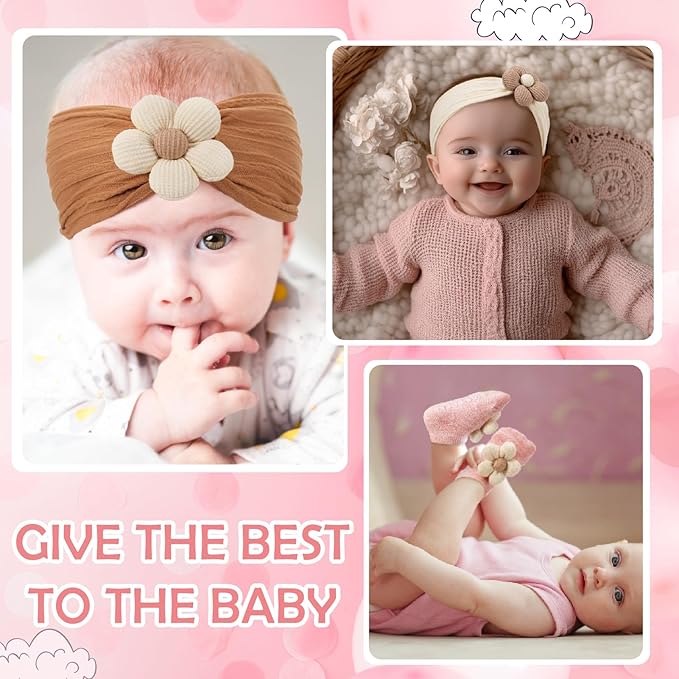 4 Pack Baby Girl Flower Headbands and Socks, Cute Floral Non-Slip Grippy Socks Soft Hairbands Hair Accessories for Newborn Infant Toddler
