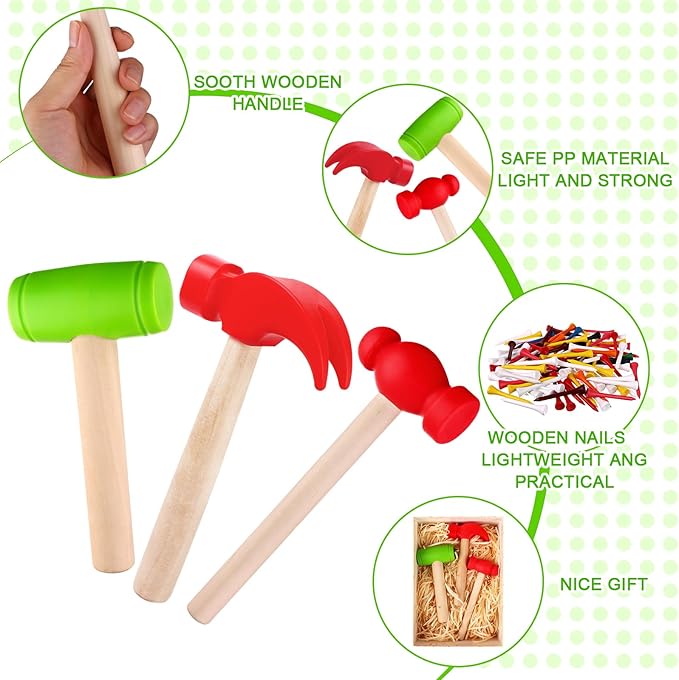 12Pcs Hammer Toys with 100Pcs Small Wooden Hammer Simulation Fake Hammer Maintenance Tools,Toy Hammer Plastic Toddler Claw Hammer Portable Toys Pretend Play Fake Mallet Hammer for Boys Girls