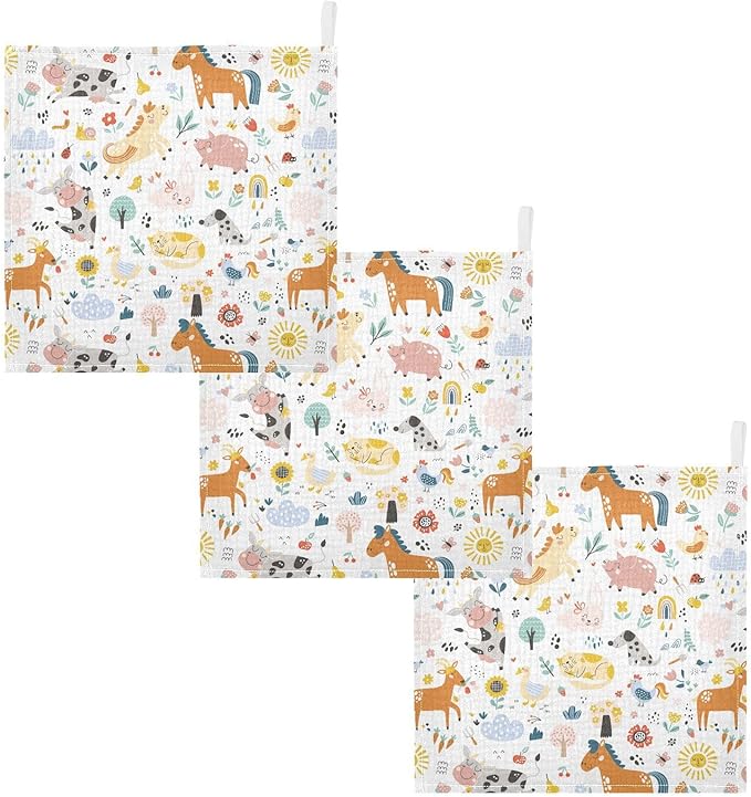 Cute Farm Animals Baby Muslin Washcloths - Soft Face Towel for Newborns, 11.8 X 11.8 Inch, 3 Pack
