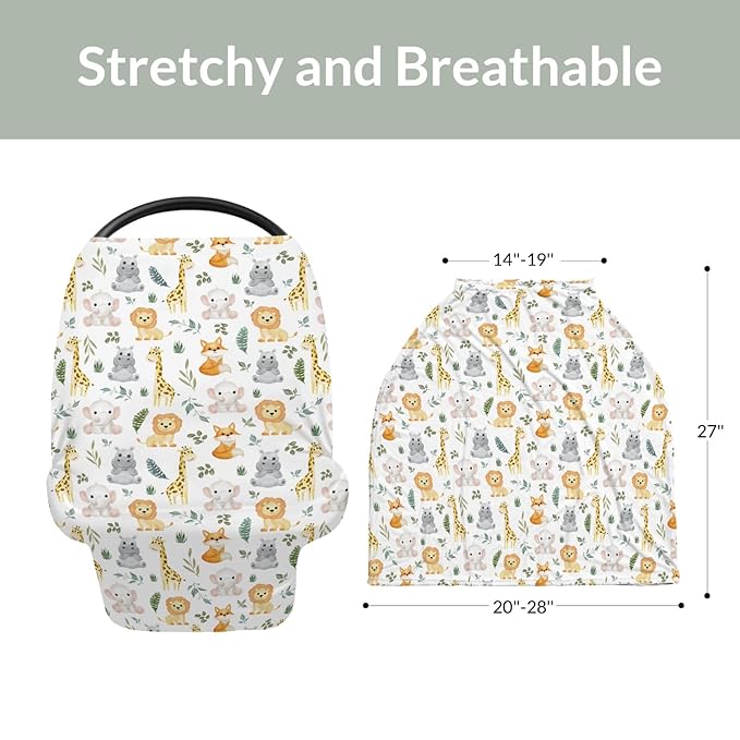 Safari Animals Baby Car Seat Covers Cute Lion Giraffe Elephant Hippo Tropical Leaves Stretchy 5-in-1 Cover Adjustable Infant Carseat Cover Canopy Zoo Jungle Breathable Nursing Cover-Up