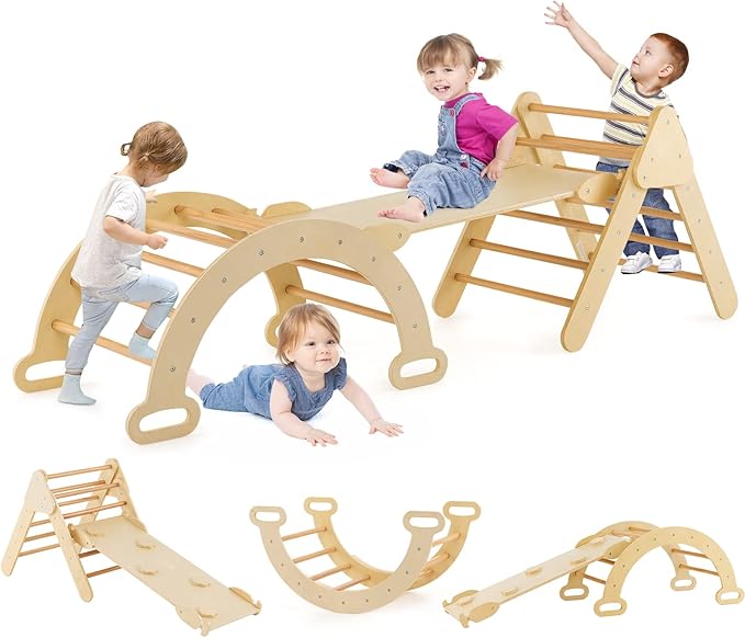 HONEY JOY 5 in 1 Wooden Climbing Toys for Toddlers, Triangle Climber with Ramp for Sliding or Climbing, Indoor Beech Montessori Triangle Climbing Arch Set for Daycare, Gym & Playground, Natural