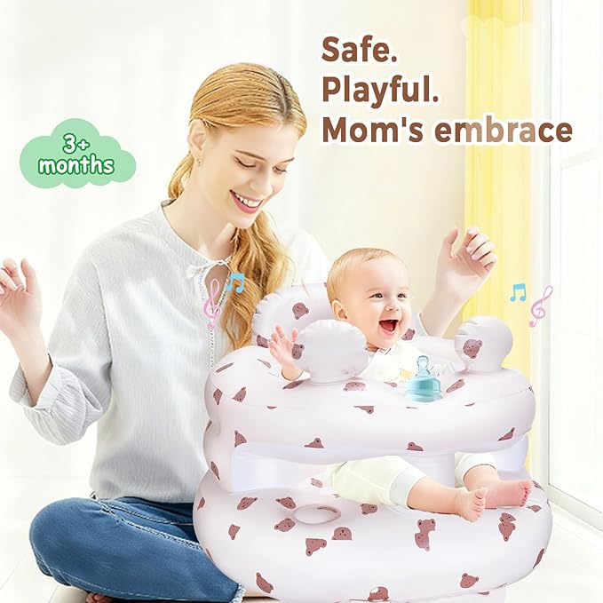Inflatable Baby Seat for Babies 3-36 Months，[Squeaky Sound & Anti-Fall Design] Inflatable Chair with Sound-Making Ears, Baby Seat for Sitting-Up Practice, Built-in Air Pump (Ear Bear)