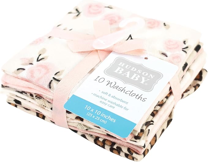 Hudson Baby Unisex Baby Flannel Cotton Washcloths, Neutral Pink Floral 10 Pack, One Size