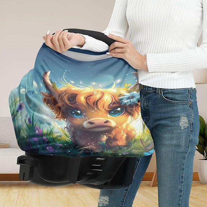 Wanyint Cute Highland Cow Baby Car Seat Covers High Chair Canopy Shopping Cart Cover, Baby Breastfeeding Cover for Mothers