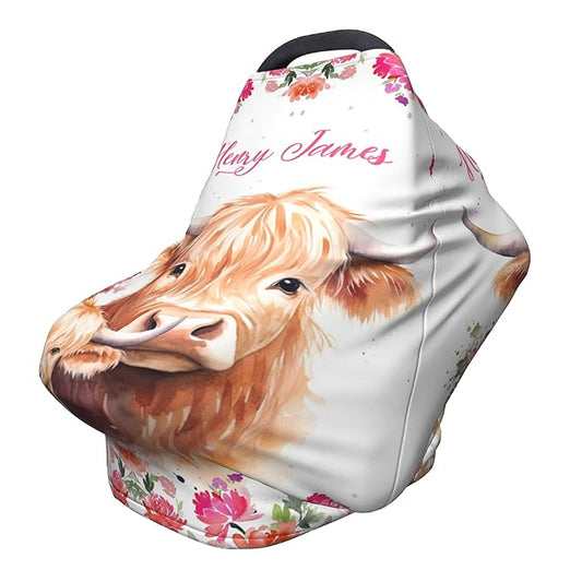 Personalized Car Seat Covers with Name, Highland Cow Baby Canopy Carrier Cover, Breathable Breastfeeding Nursing Cover, Stretchy Multi-Use Infant Carseat Stroller Cover