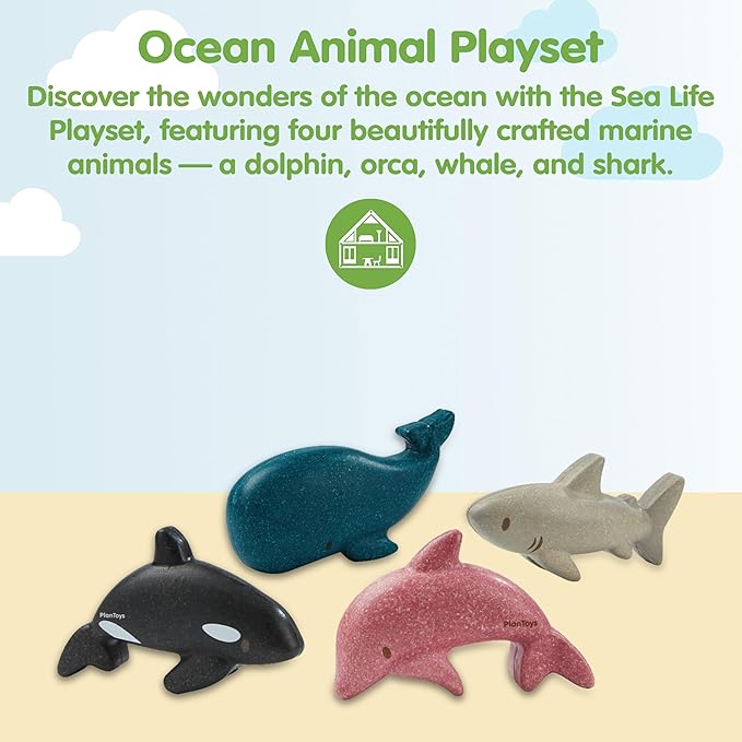 PlanToys® Wooden Sea Life 4-Piece Set Dolphin, Orca, Whale and Shark Figurines | Montessori Toy for Imaginative Play | Supports Language and Social Skills | Eco Friendly for Bath and Water Play
