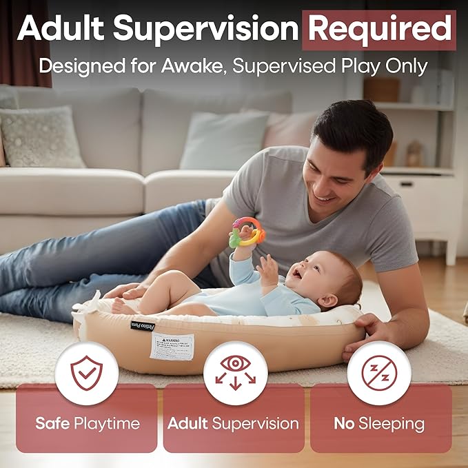 Interactivity Baby Lounger for Playtime under Adult Supervision (0-12 Months), Premium Quality Natural Cotton with Foam Core, Easy to Wash & Breathable Infant Lounger for Travel and Picnic