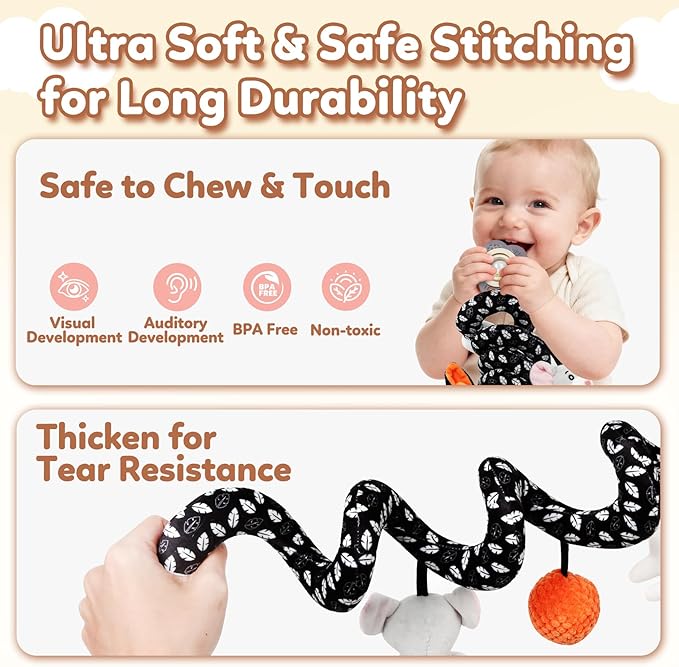 GKDOMS Baby Carseat Toy Black & White Rattle Spiral Hanging Activity Stroller Toy for Newborns Boys and Girls - Cat