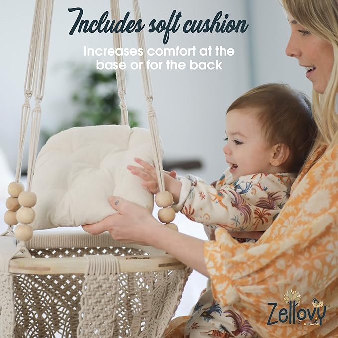 Organic Macrame Baby Swing Chair with Cushion & Portable Canvas Backpack | Boho Baby Swing Outdoor Indoor Infants & Toddler | Hanging Rope Baby Gift | Handmade Crochet Hammock Swing