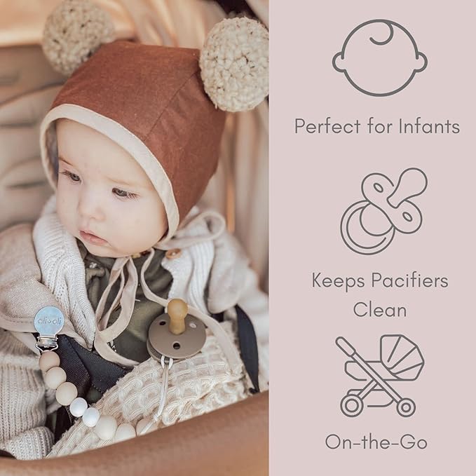Ali+Oli Silicone Pacifier Clip for Baby (Natural) 100% Food-Grade BPA Free Newborn Pacifier Holder Infant Binky Clip for Baby Boy or Girl