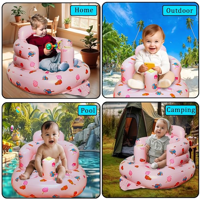Inflatable Baby Seat for Babies 3-36 Months Blow Up Chair for Babies Infants Toddler Floor Sitting Up with Built in Air Pump (Pink, Ice Cream)