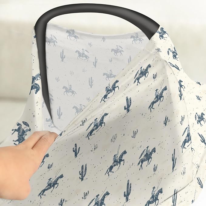 Vintage Western Cowboy Car Seat Covers for Babies Retro Cowboy Horse Cactus Stretchy 5-in-1 Cover Adjustable Car Canopy Cover Wild Desert Country Breathable Nursing Cover-Up