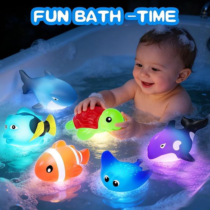 Light Up Bath Toys,Mold Free No Hole Baby Bath Toys for Toddlers,Water-Activated Lights Flashes and Change Color Ocean Animal,Sensory Toys for Kids,Water Table,Bathtub,Shower,Pool