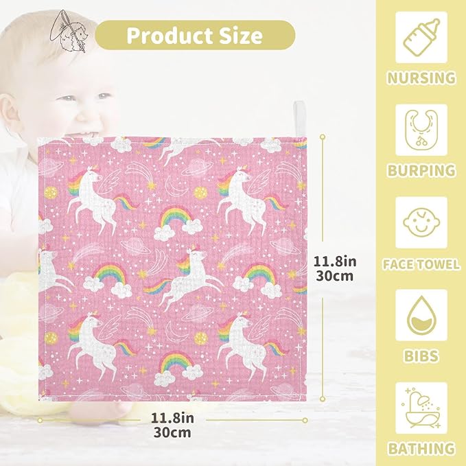 vvfelixl White Unicorn Rainbow Star Baby Burp Cloths Baby Muslin Washcloths for Boys Girls Cotton Baby Face Towel for Newborn Infants Soft and Absorbent 11.8 X 11.8 in, 5 Pack