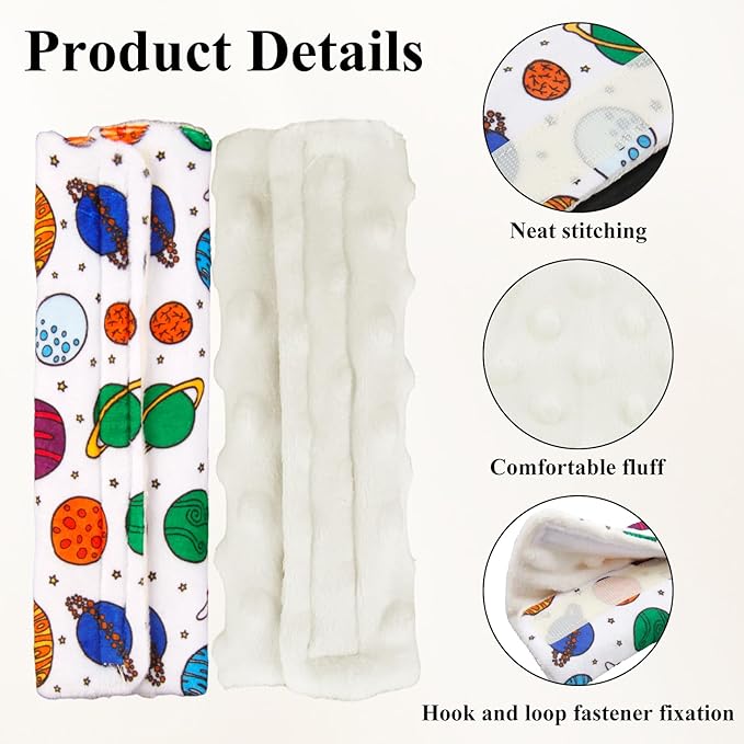 2-Pack Car Seat Strap Covers, Infant Seatbelt Covers, Velvety Soft Double-Sided Use Car Seat Shoulder Strap Pads for Infant Toddler, White Planet Design