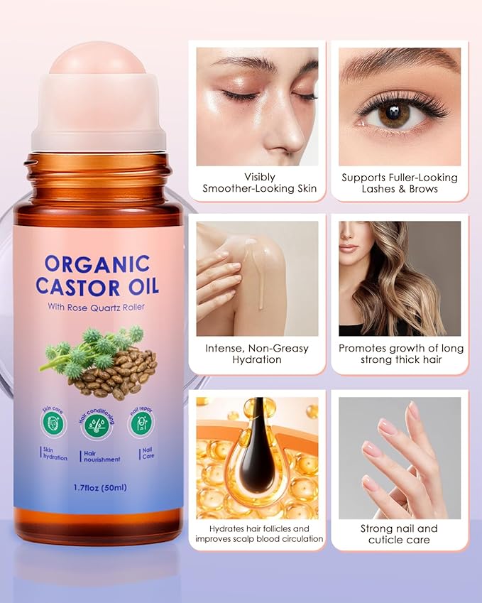 Organic Castor Oil Roll On - 2PCS 100% Pure Cold-Pressed, Hair, Face & Skin Moisturizing, Reducing Dark Circles,Nail and Cuticle Care - Easy to Apply, 50ml*2