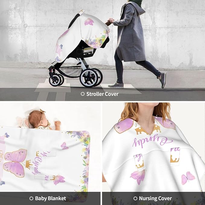 Personalized Baby Car Seat Canopy for Babies, Custom Name Car Seat Covers for Baby Girls, Butterfly Purple Opening Minky Nursing Breastfeeding Cover for Infant, Carseat Canopies for Newborn