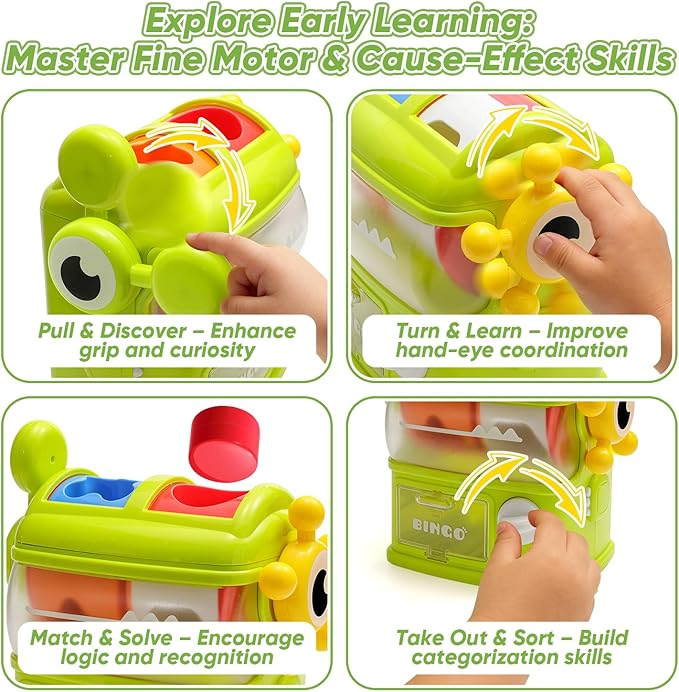 Shape Sorter Toys for Kids, Interactive Shape Sorter Toy for Toddlers Ages 1 2 3, Montessori Color Matching & Sorting Interactive Learning Toys with 6 Rattle Shape Blocks for Boys Girls Gifts.