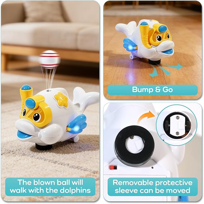 Baby Fish Musical Crawling Toy with Lights, Sounds, Blowing Ball, Infant Sensory Toys, Birthday Gifts for Kids Boy Girl 3 4 5 6 7 8 Years