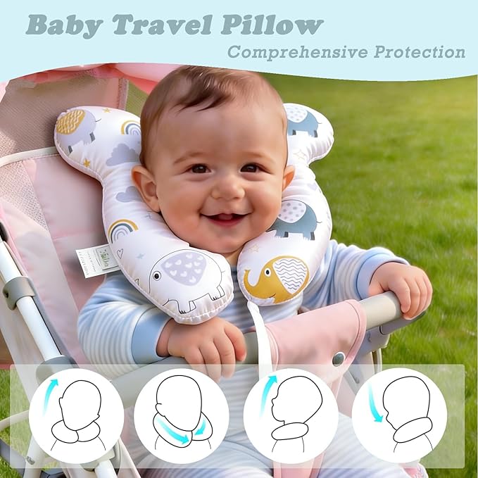 Baby Reversible Travel Pillow for Car Seat & Stroller, Lightweight U-Shaped Comfort Seat Accessory, Elephant Design