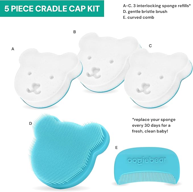 oogiebear Cradle Cap Brush Kit Includes 2 Additional Replacement Sponges – Gentle and Safe Scalp Massage Care with Sponge, Brush, and Comb for Newborns and Babies