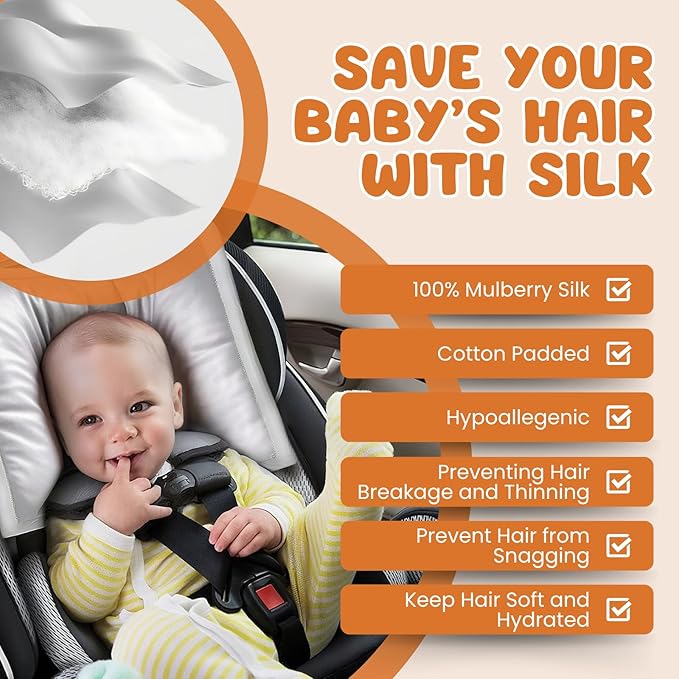 PROMEED 100% Silk Baby Car Seat Headrest Cover - Natural Mulberry Silk Carseat Head Cover for Baby Hair Protection, Ultra-Soft and Breathable (Light Grey)