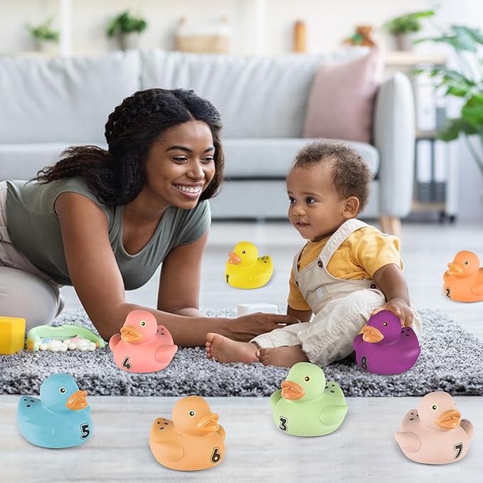 Bath Toys for Toddlers 1-3, 8 Pcs No Hole Wheat Straw Rubber Ducks, Christmas Stocking Stuffers Gifts for Boys & Girls 6-12 Months, Floating Baby Bath Toys for Sensory Learning & Education