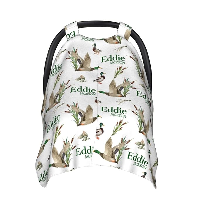 Personalized Baby Car Seat Canopy for Babies, Custom Name Baby Car Seats Covers for Boys Girls, Opening Minky Nursing Breastfeeding Cover for Infant, Carseat Canopies for Newborn (Wild Ducks)