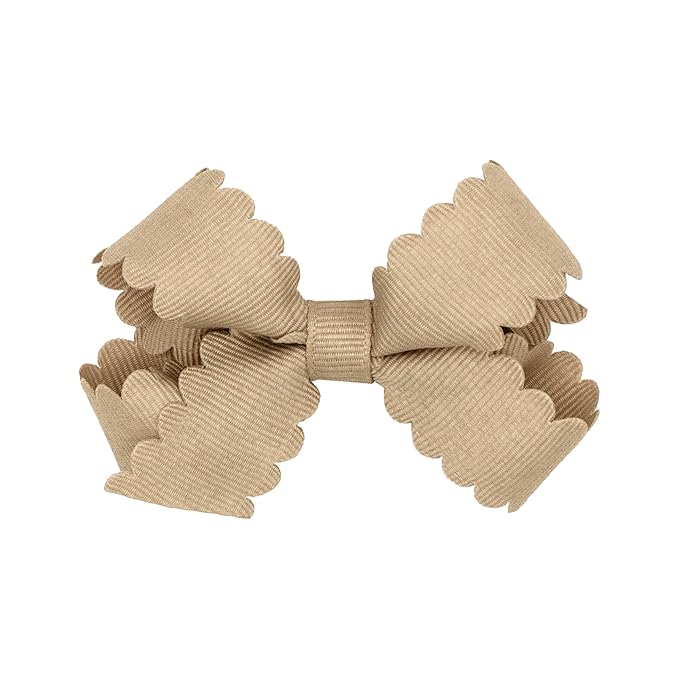 Wee Ones Girls' Classic Grosgrain Hair Bow with Scalloped Edges, No-Slip Hair Clip, Handmade, Oatmeal, Mini