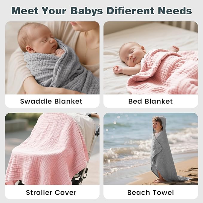 Hooded Baby Bath Towels for Newborn, 2 Pack - 6-Layer 100% Muslin Cotton, Soft Absorbent Baby Towels with Hood for Babies, Infants & Toddlers, Large 32x32 Inch Unisex Newborn Baby Bath Essentials