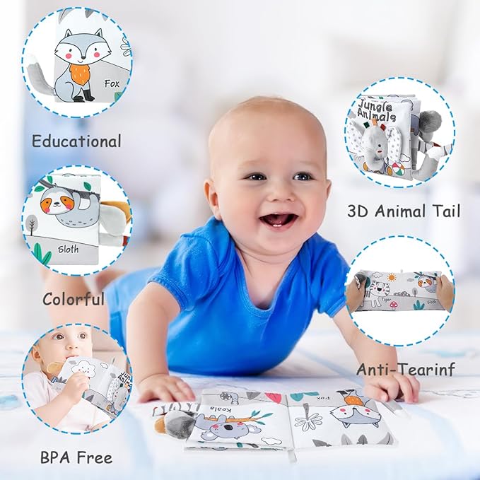 Vicloon Cloth Books, 3D Touch and Feel High Contrast Cloth Book, Baby Books Toys for Baby 0-12 Months, Soft Sensory Crinkle Book for Infants Toddler, Newborns Shower (Elephant)