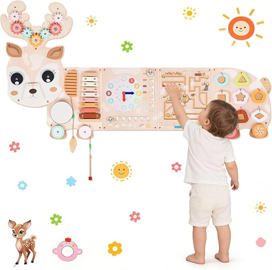 Reindeer Activity Wall Busy Board Panels,12-in-1 Wooden Sensory Wall Panel for Kids, Wooden Montessori Learning Activity Center Sensory Toys for Playroom, Preschool, Daycare, Nursery, Classroom