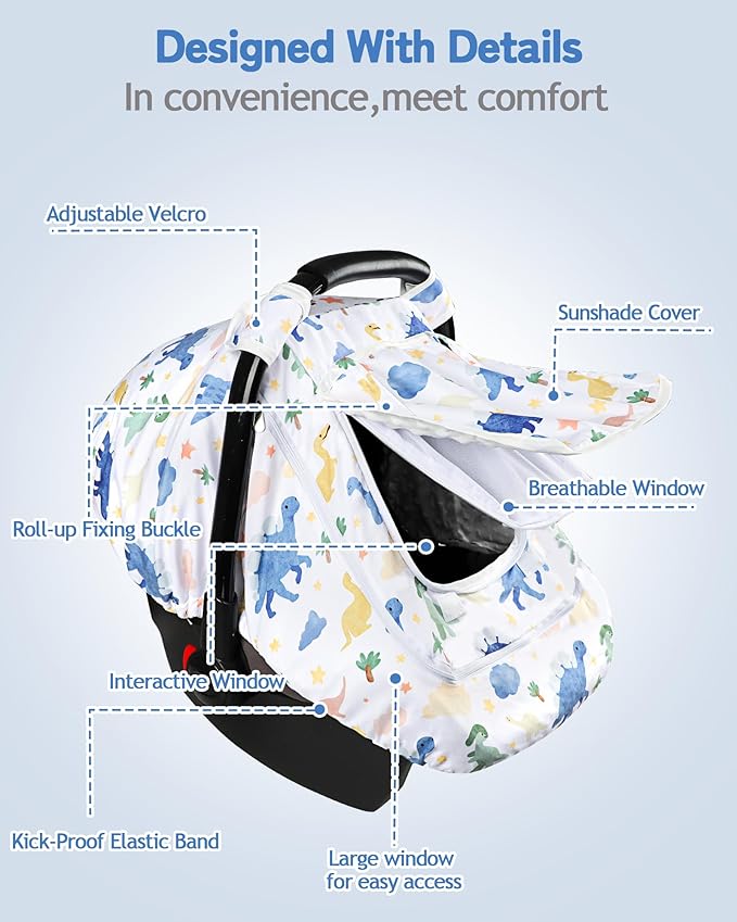 Car Seat Cover Baby Boy, Infant Carseat Covers with Mesh, Dual-Layer Protection for Summer Winter, Easy Access Newborn Canopy Breathable, Windproof & Fit Baby Stroller, Dinosaur