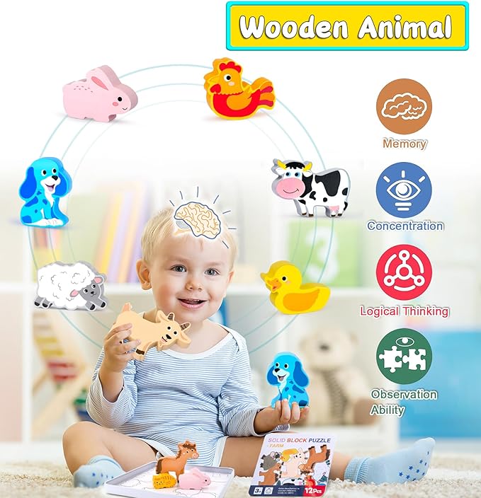 KECIABO Wooden Animal Puzzles Toys for Toddlers,12 Pcs Farm Animal Figures,Animal Matching Sorting Stacking Toys for Boys Child Girls,Educational Learning Toys Gift for Kids
