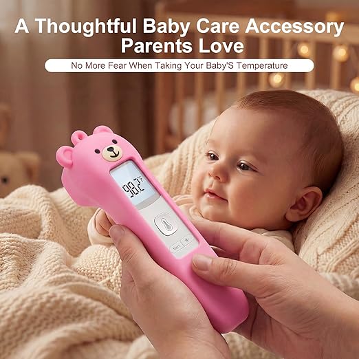 Cute Bear Silicone Thermometer Case Compatible with GoodBaby No-Touch Thermometer, Soft Anti-Drop Protective Cartoon Animal Cover Helps Calm Babies During Temperature Checks - Pink