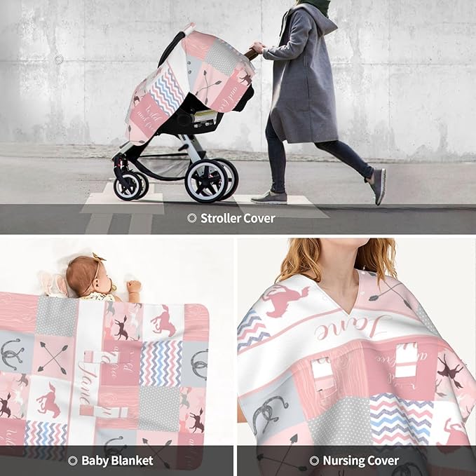 Personalized Baby Car Seat Canopy for Baby Girls, Custom Name Horse Pink Baby Car Seat Covers for Babies, Opening Minky Nursing Breastfeeding Cover for Infant, Carseat Canopies for Newborn