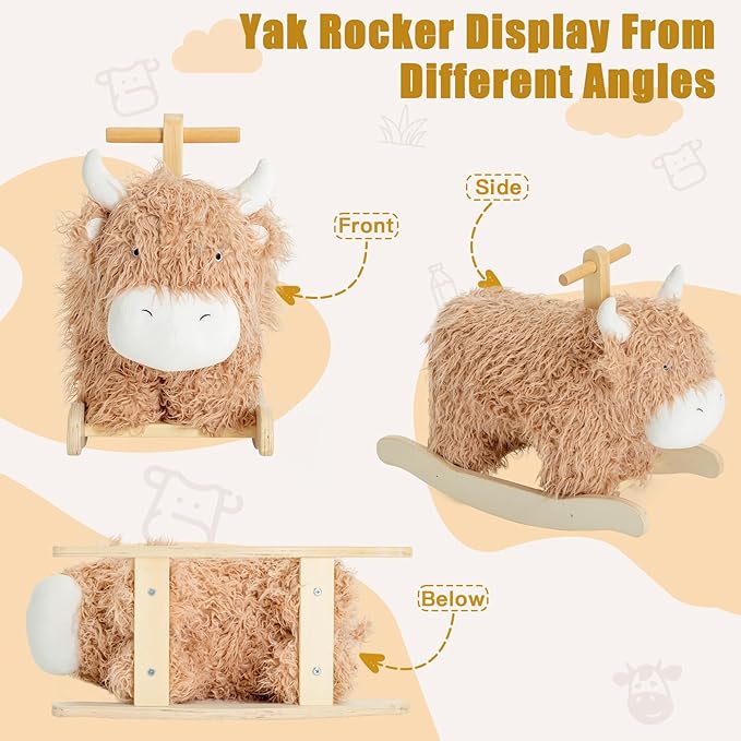 Baby Rocking Horse for 1 Year Old,Wooden Cow/Yak Horse Rocking with Wicker Plush Wooden Ride On Toy for 2 Years Old Girl&Boy Nursery Birthday Gift