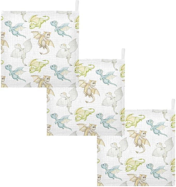 vvfelixl Baby Muslin Washcloths Watercolor Dragons Cartoon Style Baby Burp Cloths Cotton Baby Face Towel for Newborn Infants Boys Girls Soft and Absorbent 11.8 X 11.8 in, 3 Pack