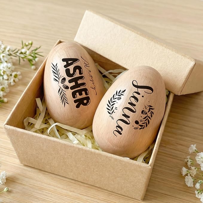 Custom Musical Easter Egg Shaker with Engraved Name, First Easter Gifts for Baby 2026, Wooden Easter Egg Basket Stuffers for Kids, Fake Eggs for Egg Hunting Prize Decor Party Baptism Gift 1 PCS