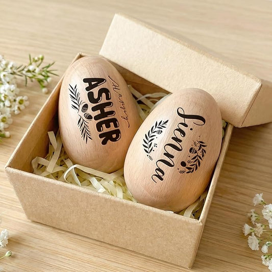 Custom Musical Easter Egg Shaker with Engraved Name, First Easter Gifts for Baby 2026, Wooden Easter Egg Basket Stuffers for Kids, Fake Eggs for Egg Hunting Prize Decor Party Baptism Gift 1 PCS