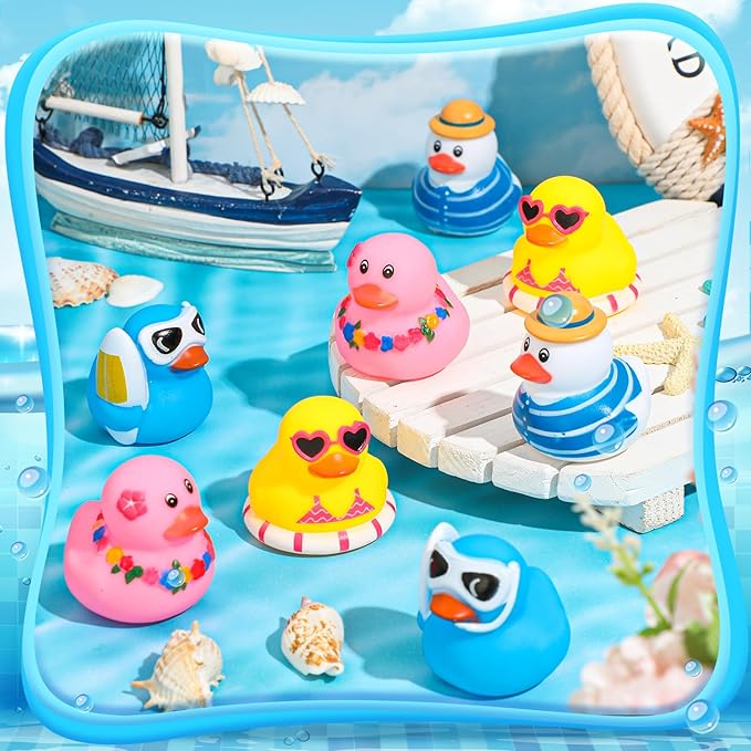 Honoson 36 Pcs Summer Beach Rubber Duckies Bulk Mini Rubber Duck Bath Toys Float Bathtub Ducky Cute Squeaky Ducky for Classroom Carnival Summer Birthday Baby Shower Party Favor (4 Colors)