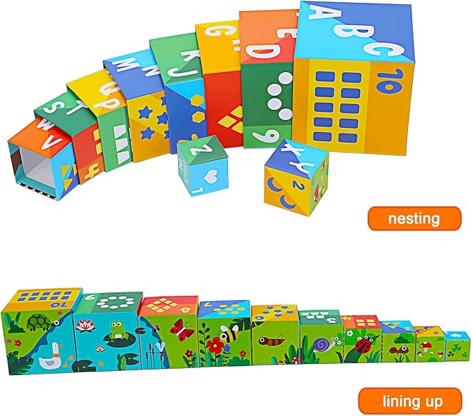 10 Pcs Nesting and Stacking Blocks for Toddlers 1-3 - Cardboard Stacking Cubes with ABC & Numbers - Montessori Educational Learning Toy - Sturdy Toddler Tower Building Set for Kids