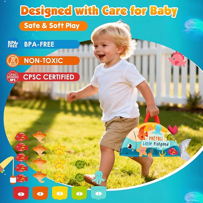 FREYBLI Montessori Toys for 1 Year Old - Cloth Toddler Fishing Game with Stacking Cups, Fishing Toy for One Year Old Boy Girl First Birthday Gifts, Sorting Learning Baby Toy 1-3 Easter Basket Stuffers