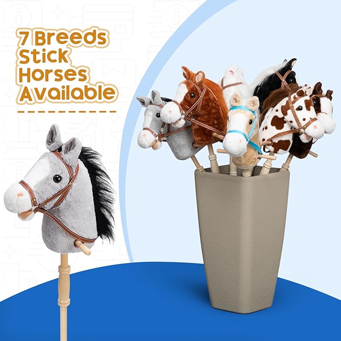 HollyHOME Stick Horse Plush Handcrafted Hobby Horse on a Stick with Wood Wheels Real Pony Neighing and Galloping Sounds for Kids Toddlers Grey 36 Inches(AA Batteries Required)