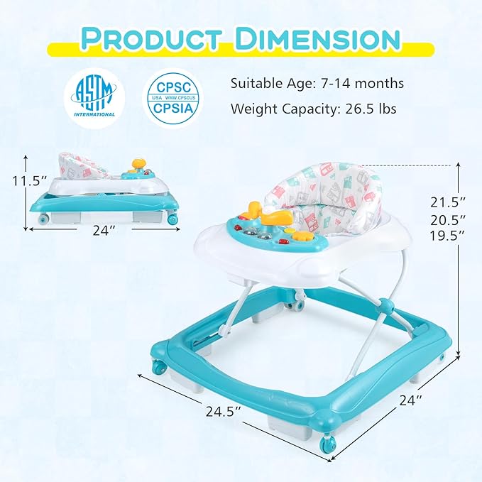 BABY JOY Baby Walker, 4 in 1 Foldable Activity Walker with Adjustable Height, Music, Lights, Anti-Rollover Toddler Push Walker, Baby Walker with Wheels for Boys Girls 7-14 Months (Light Blue)