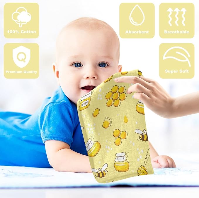 Baby Washcloths Cotton Flying Bees Honey Baby Muslin Washcloths Soft Baby Face Towel for Newborn Infants Baby Wipes, 11.8 X 11.8 Inch, 5 Pack Yellow