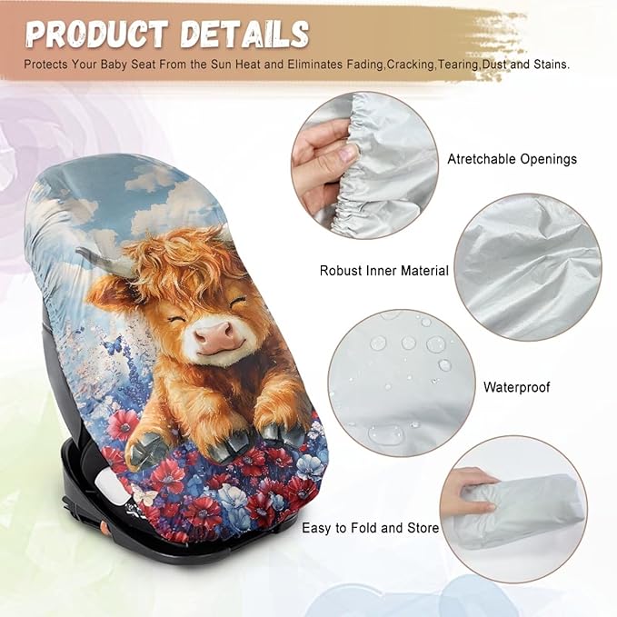 XYZCANDO Highland Cow Child Car Seat Cover Cartoon Car Seat Covers for Babies Replacement Car Seat Protector for Child Car Seat Portable Car Seat Sun Cover for Baby Gift for Birthday